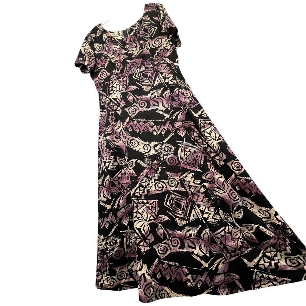 Vintage Hilo Hattie The Hawaiian Original Maxi Dress L Black Cream Luau Tribal